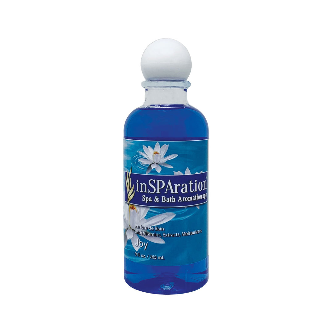 inSPAration 9oz oil-free aromatherapy liquid in a clear rounded bottle with white cap and blue label featuring white flowers