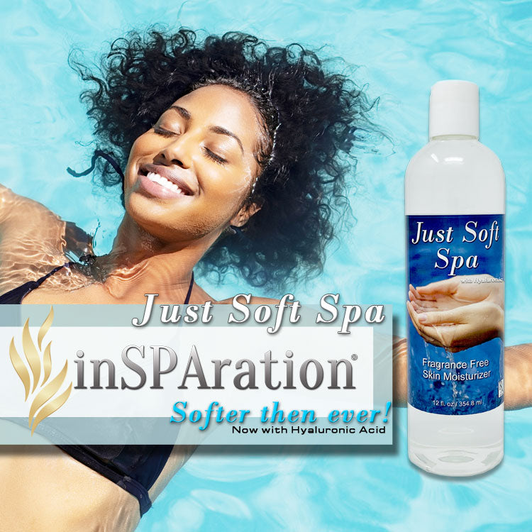 just soft spa fragrance free skin moisturizer bottle with blue label showing hands in water next to smiling woman relaxing in pool with clear water