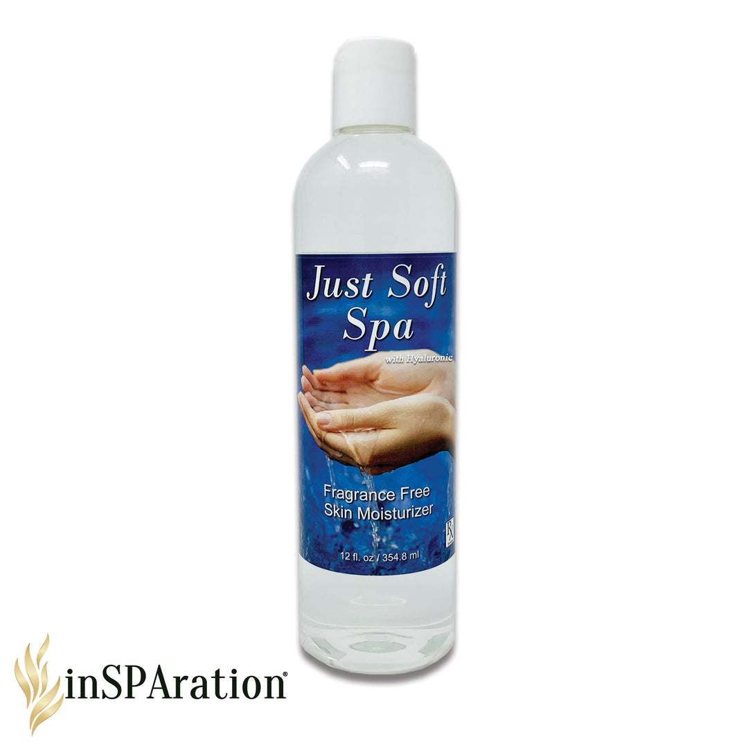 clear plastic bottle of Just Soft Spa fragrance free skin moisturizer by Insparation Inc with blue label showing hands holding water