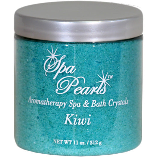 Spa Pearls Aromatherapy Crystals in kiwi scent by Insparation Inc in a clear cylindrical container with teal crystals and silver lid