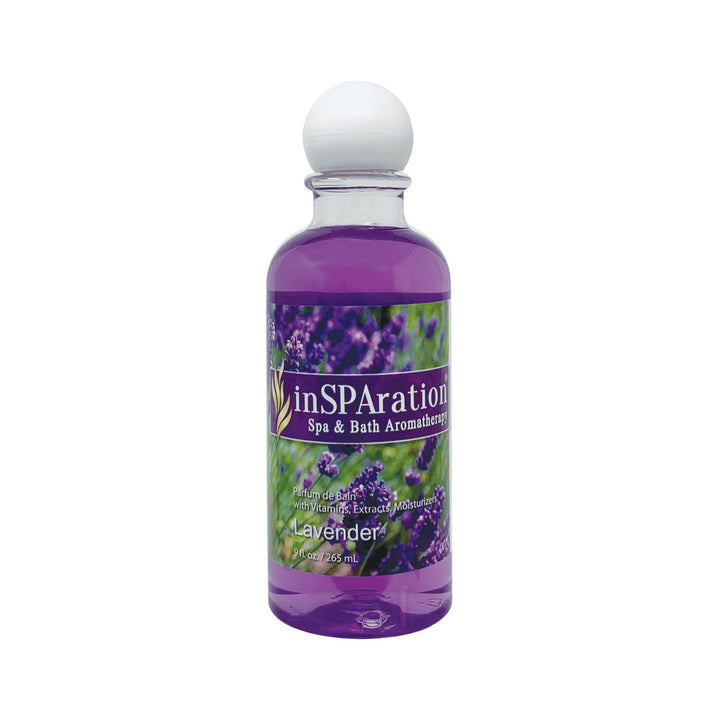inSPAration 9oz oil-free aromatherapy liquid bottle with purple liquid and lavender-themed label with white cap