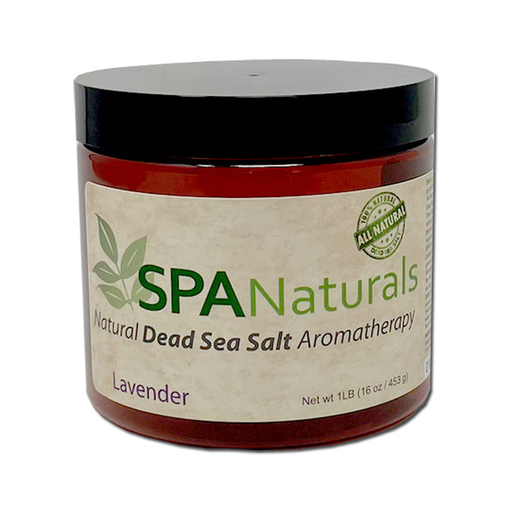 Spa Naturals Dead Sea Salt Crystal in a round amber plastic jar with black lid and beige label showing green and purple text with lavender scent