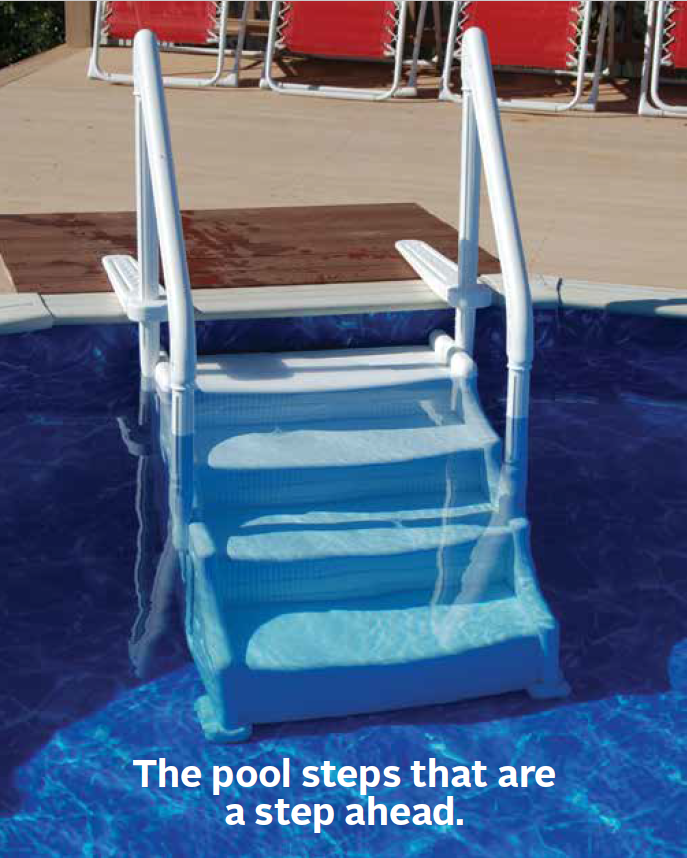 Ocean Blue 30 inch Mighty Step pool steps in white with three wide treads and handrails on both sides installed in a blue pool