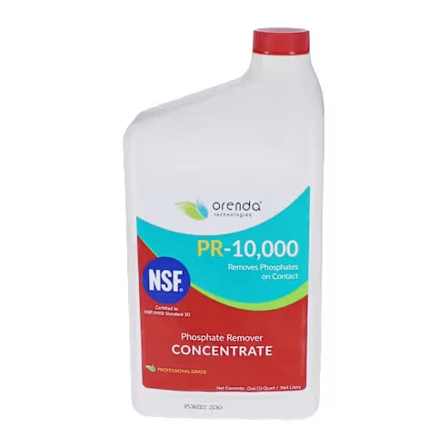 white plastic bottle with red cap labeled Orenda Phosphate Remover Concentrate PR-10000 with colorful blue and red design and NSF logo