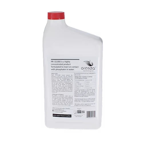 white plastic bottle with red cap featuring black and gray text label describing contents and instructions for a phosphate remover concentrate