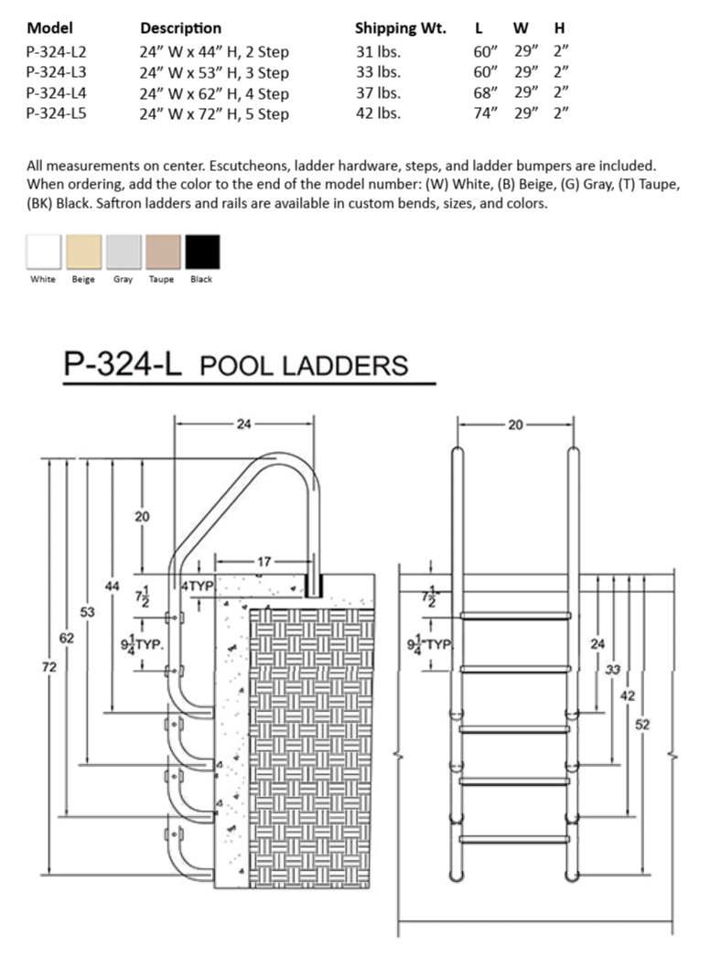 installation guide diagram showing dimensions and placement of pool ladder steps and handrails relative to pool edge and decking surface