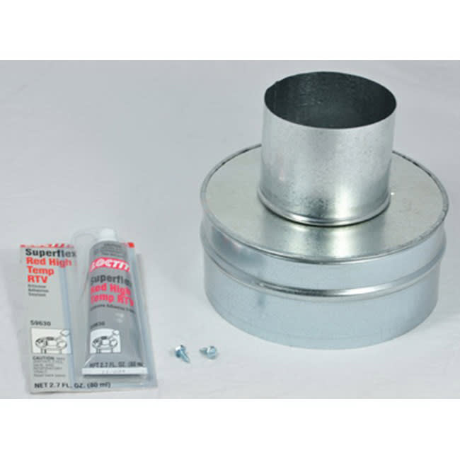 Metal duct connector with two tubes of Superflex red high temp RTV on a white background