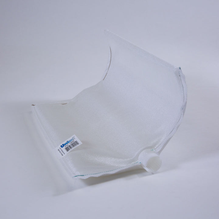 white mesh fabric pool filter grid with curved edges and a small white plastic connector on one side