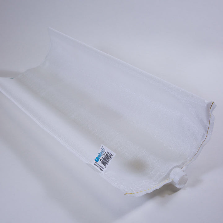 white fabric filter grid with a plastic cap on one end and a product label attached on the surface