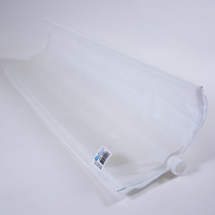 white pool filter grid made of fine mesh fabric with a cylindrical end cap and a label attached