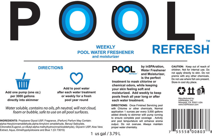 Insparation Inc Pool Refresh gallon label showing directions with blue and black text on white background and icons for pump and heart