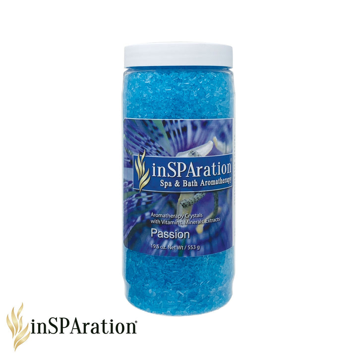 inSPAration Original Aromatherapy Crystals 19oz in clear plastic jar with white lid filled with bright blue bath crystals and a purple floral label