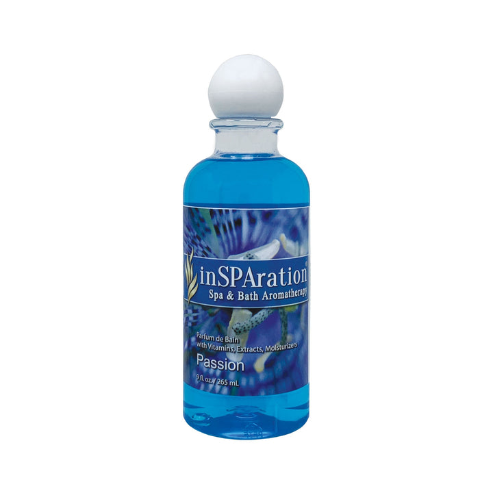 inSPAration 9oz oil-free aromatherapy liquid bottle with blue liquid and white round cap label shows passion scent and spa and bath branding
