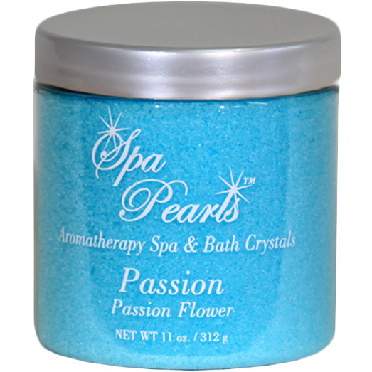 jar of Insparation Inc Spa Pearls aromatherapy spa and bath crystals in passion flower scent with bright blue crystals and silver lid