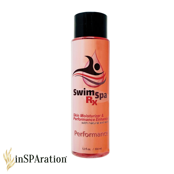 SwimSpa Rx 12oz skin moisturizer and performance enhancer bottle with black cap and red and black label on pink translucent container