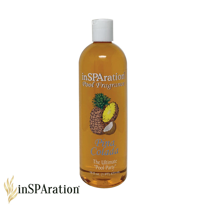 insparation inc pool aromatherapy fragrance 16oz bottle with yellow liquid and white cap featuring pineapple and coconut illustration