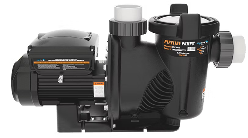 AquaStar Pipeline Smart Model variable speed pump with black body and gray pipe fittings shown from side view