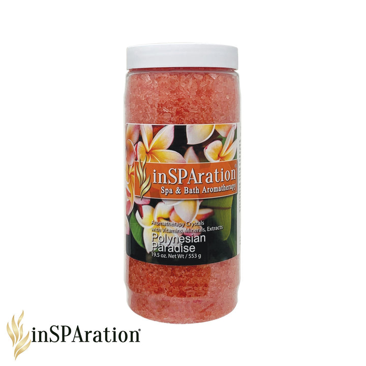 Insparation Inc Polynesian Paradise Original Aromatherapy Crystals jar with pink crystalline contents and floral label