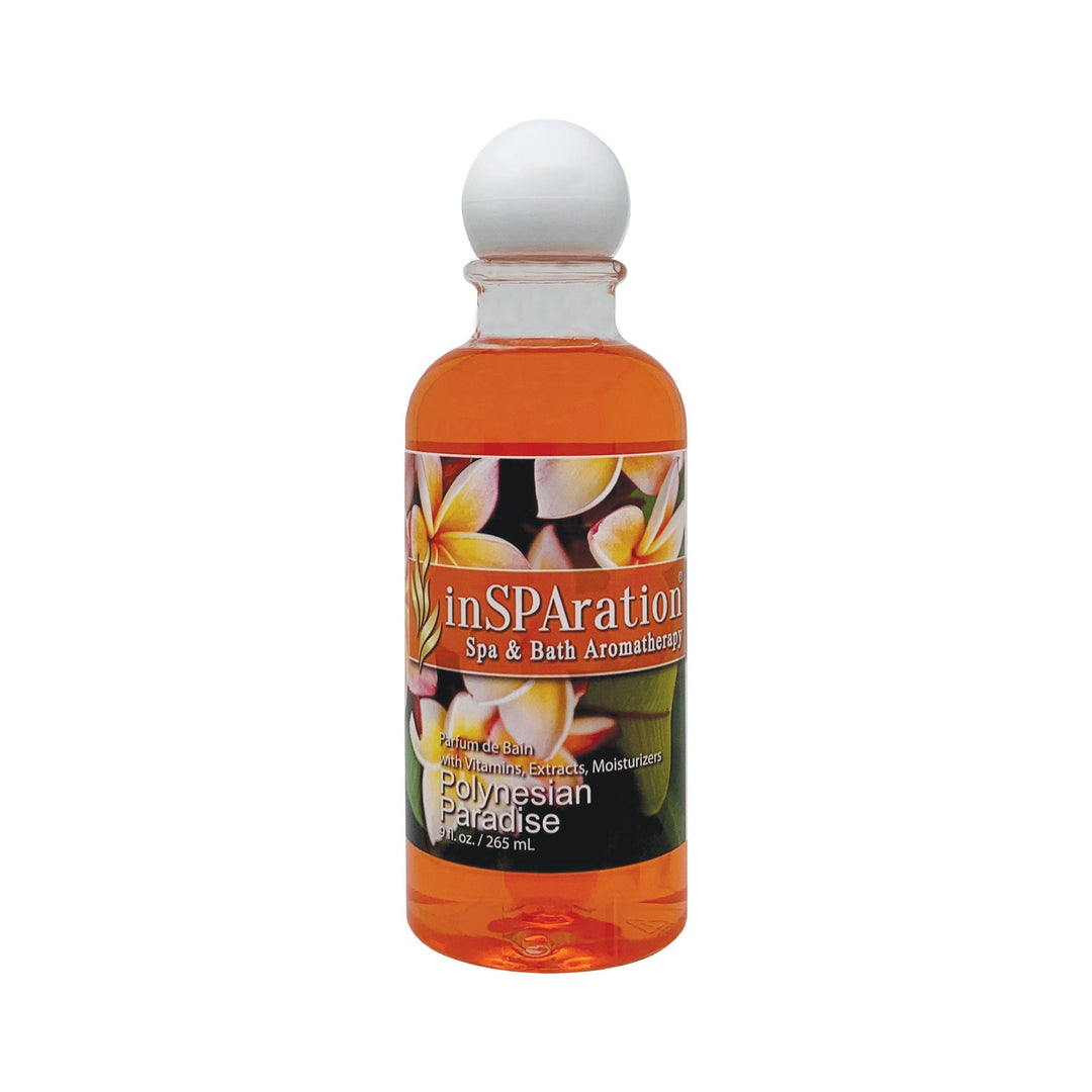 inSPAration 9oz Polynesian Paradise oil-free aromatherapy liquid in a clear plastic bottle with a white spherical cap and floral label