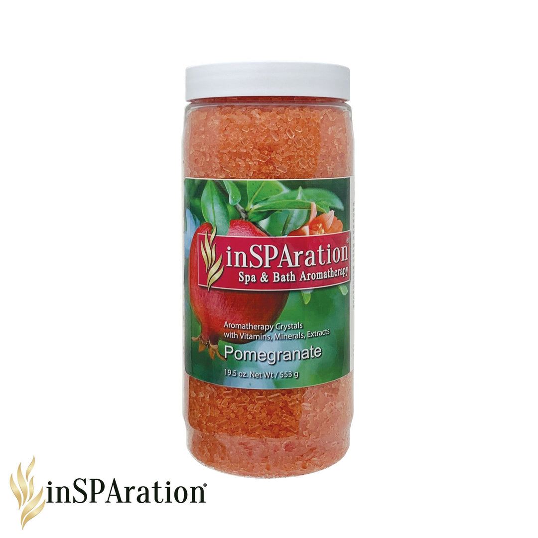 Insparation Inc Original Aromatherapy Crystals in a clear cylindrical container filled with orange crystals and a white cap showing pomegranate label