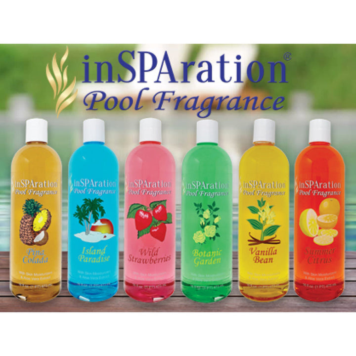 six colorful bottles of insparation inc pool aromatherapy fragrance each with white cap and fruit or botanical label design including pineapple, palm tree, strawberries, green roses, vanilla beans, and citrus