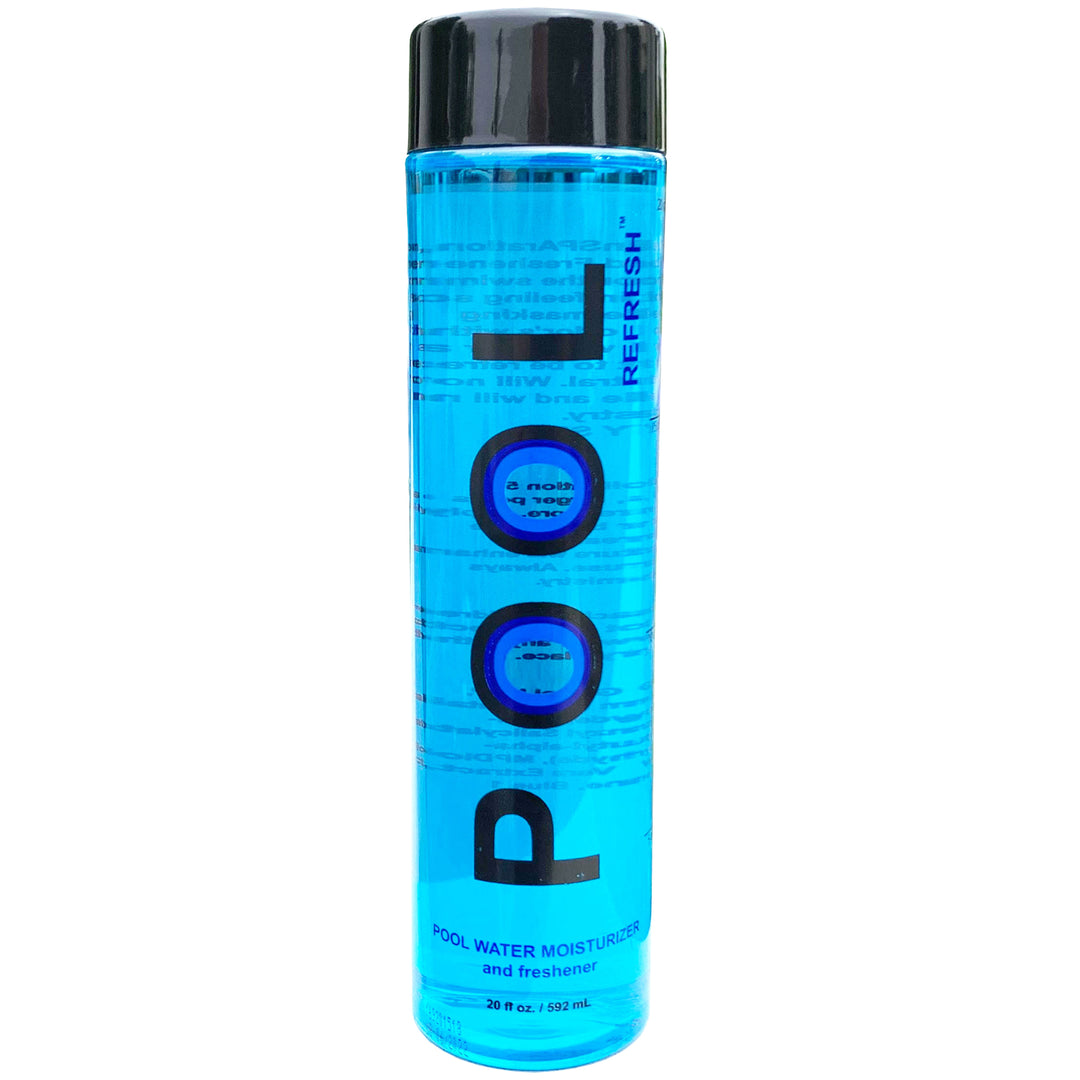 Tall cylindrical clear blue bottle of Pool Refresh weekly water moisturizer and freshener with black cap and bold black text