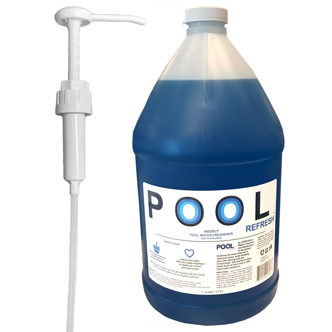 gallon jug of Insparation Inc pool refresh moisturizer and freshener with blue liquid and white pump dispenser on white background