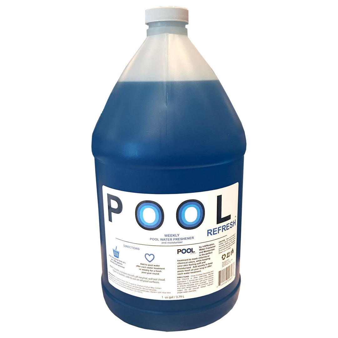 gallon size blue liquid container of insparation inc pool refresh weekly pool water freshener and moisturizer with white cap and label