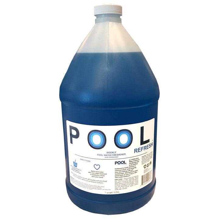 gallon size blue liquid container of insparation inc pool refresh weekly pool water freshener and moisturizer with white cap and label