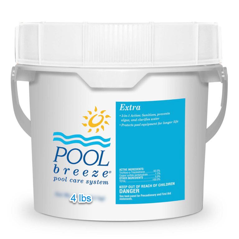 Pool Breeze Extra Chlorine Tablets 4 lb white plastic pail with blue and yellow label showing brand and product details