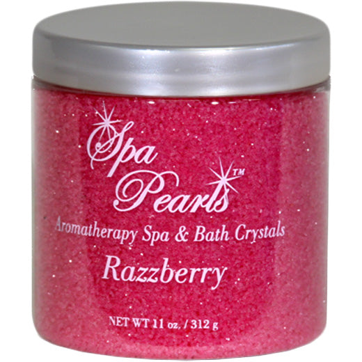 Spa Pearls aromatherapy spa and bath crystals in 11oz clear jar showing vibrant pink razzberry crystals with silver screw-on lid