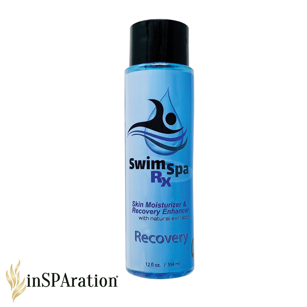 SwimSpa Rx 12oz skin moisturizer and recovery enhancer bottle with blue label and black cap from Insparation Inc