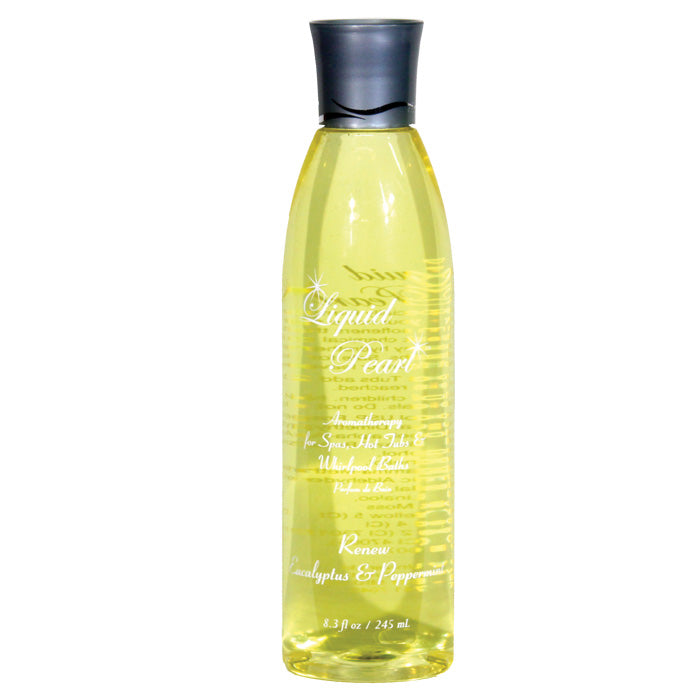 Clear yellow liquid in a transparent 8oz plastic bottle labeled Liquid Pearl Aromatherapy by Insparation Inc with black cap and white script text