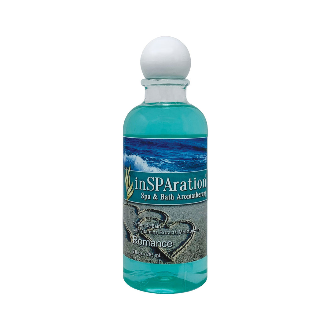 Insparation Inc inSPAration 9oz oil-free aromatherapy liquid bottle with blue liquid and rounded white cap showing beach and ocean label