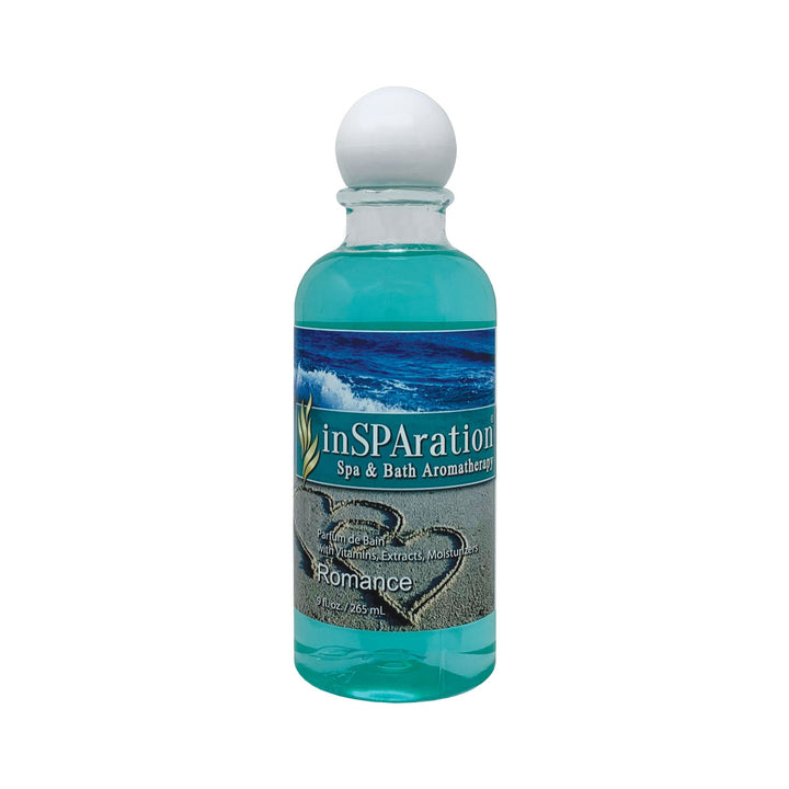 Insparation Inc inSPAration 9oz oil-free aromatherapy liquid bottle with blue liquid and rounded white cap showing beach and ocean label