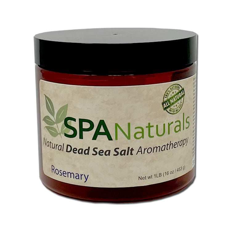 Spa Naturals Dead Sea Salt Crystal aromatherapy jar with rosemary scent featuring a dark amber container and black lid