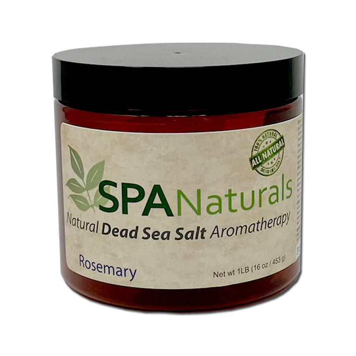Spa Naturals Dead Sea Salt Crystal aromatherapy jar with rosemary scent featuring a dark amber container and black lid