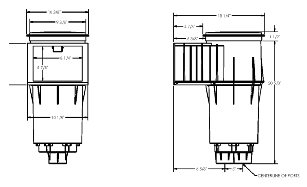 technical drawing showing front and side views of a skimmer with detailed dimensions and structural features