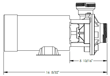 technical line drawing showing side view of Waterway 0.95 HP Hi-Flo 2 dual-speed pump with dimensions including overall length and mounting base
