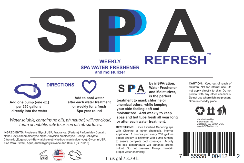 Spa Refresh gallon bottle label showing product name spa water freshener and moisturizer with usage directions and ingredients