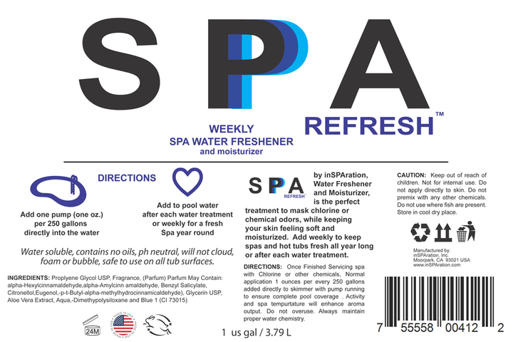 Spa Refresh gallon bottle label showing product name spa water freshener and moisturizer with usage directions and ingredients