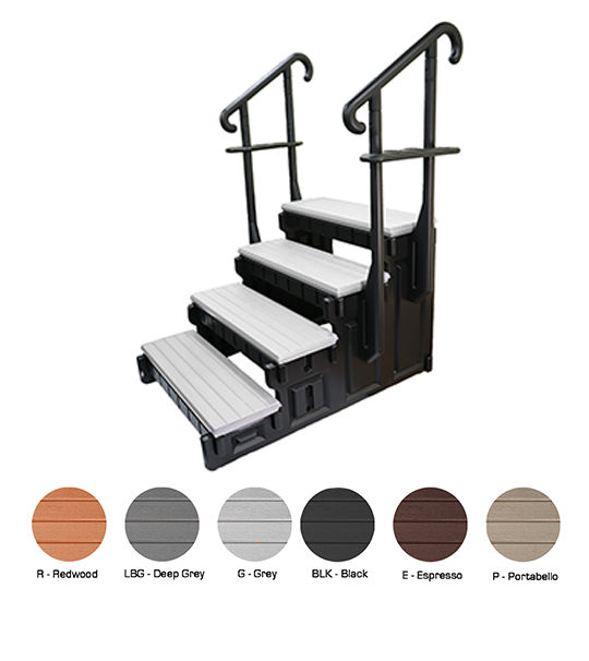 Confer Signature Spa Step 4-tread in black with black sidewalls featuring four wide steps and dual metal handrails on each side