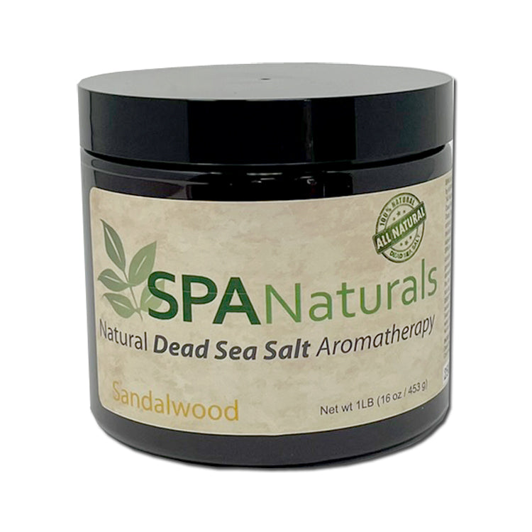 Spa Naturals Dead Sea Salt Crystal by Insparation Inc in black jar with beige label and green text featuring sandalwood scent