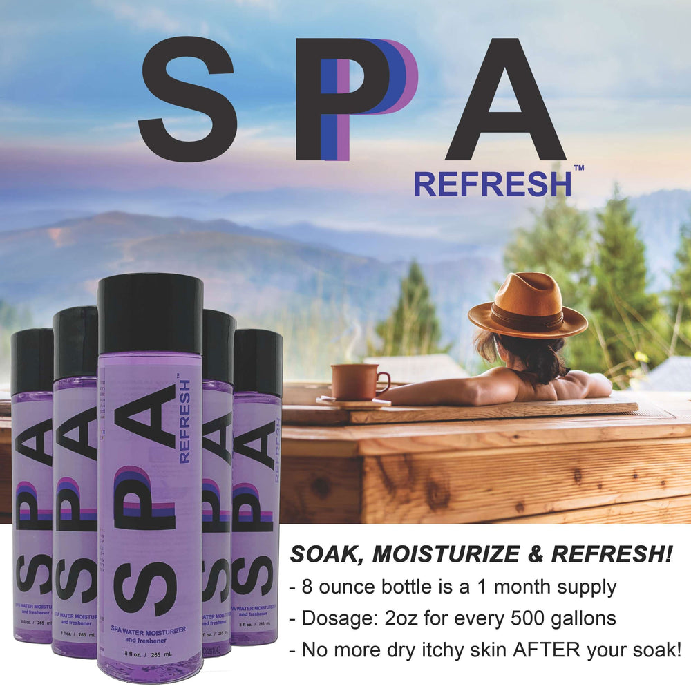Several tall purple bottles of Spa Refresh water moisturizer and freshener with black caps arranged in front of a scenic mountain view and person relaxing in a hot tub