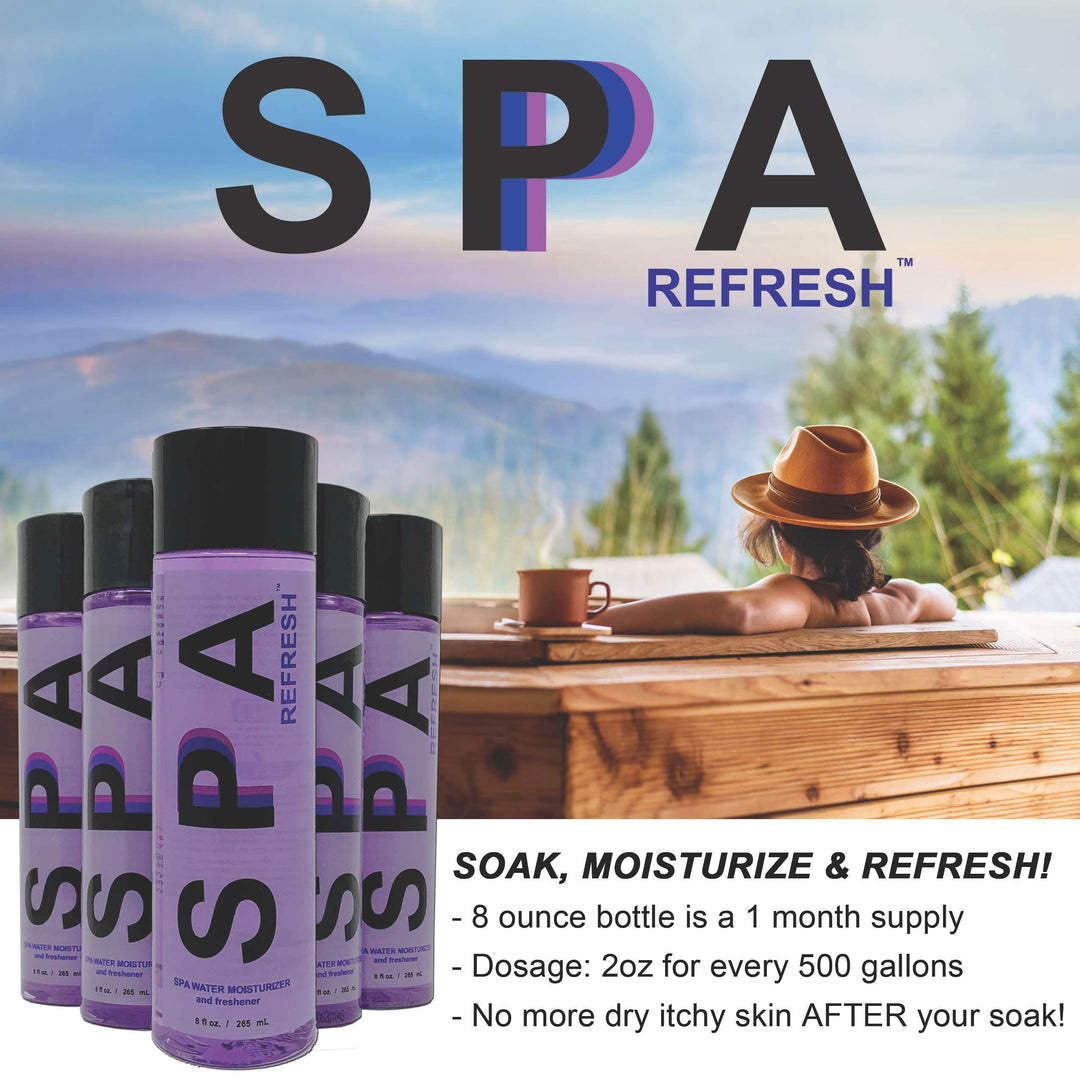 Several tall purple bottles of Spa Refresh water moisturizer and freshener with black caps arranged in front of a scenic mountain view and person relaxing in a hot tub