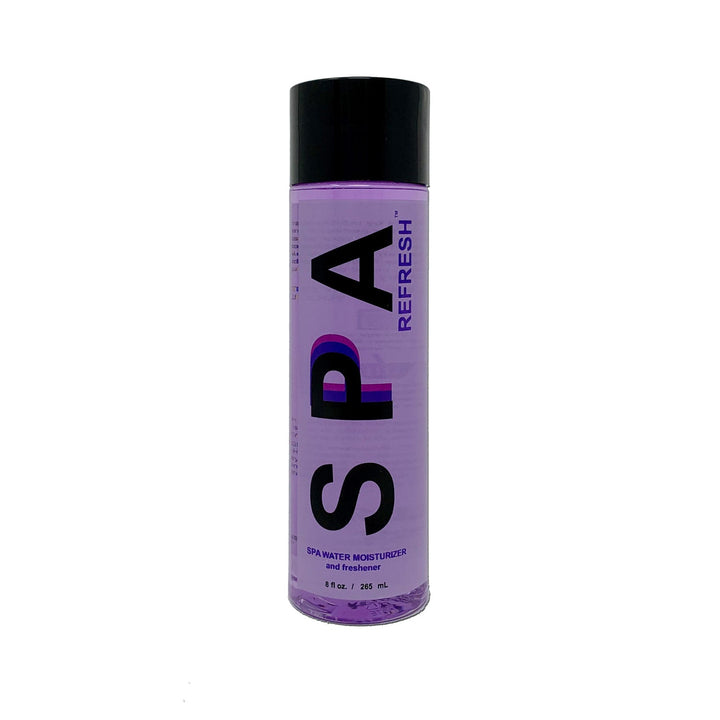 Spa Refresh water moisturizer and freshener bottle by Insparation Inc in a tall clear purple container with black cap and bold black SPA text