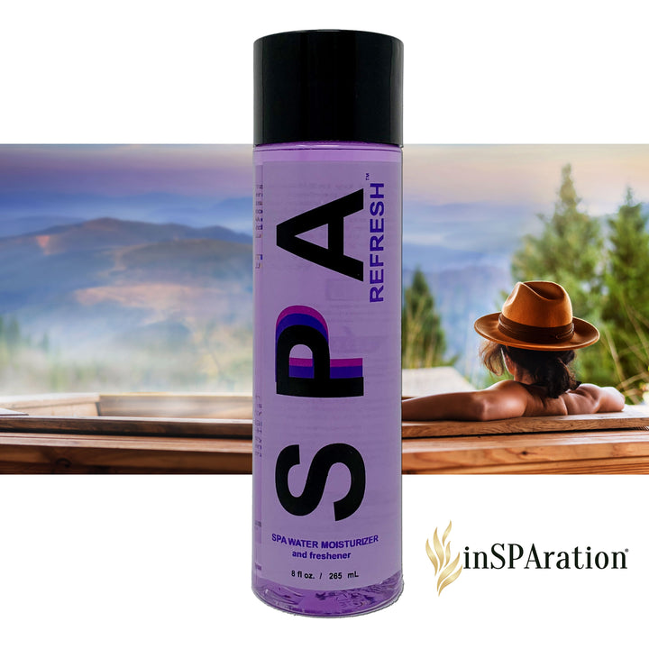 Tall cylindrical bottle of Spa Refresh water moisturizer and freshener for spas with purple liquid and black cap