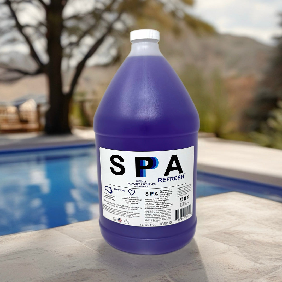 one gallon translucent purple bottle of Inspration Inc Spa Refresh water softener with white cap and white label by poolside