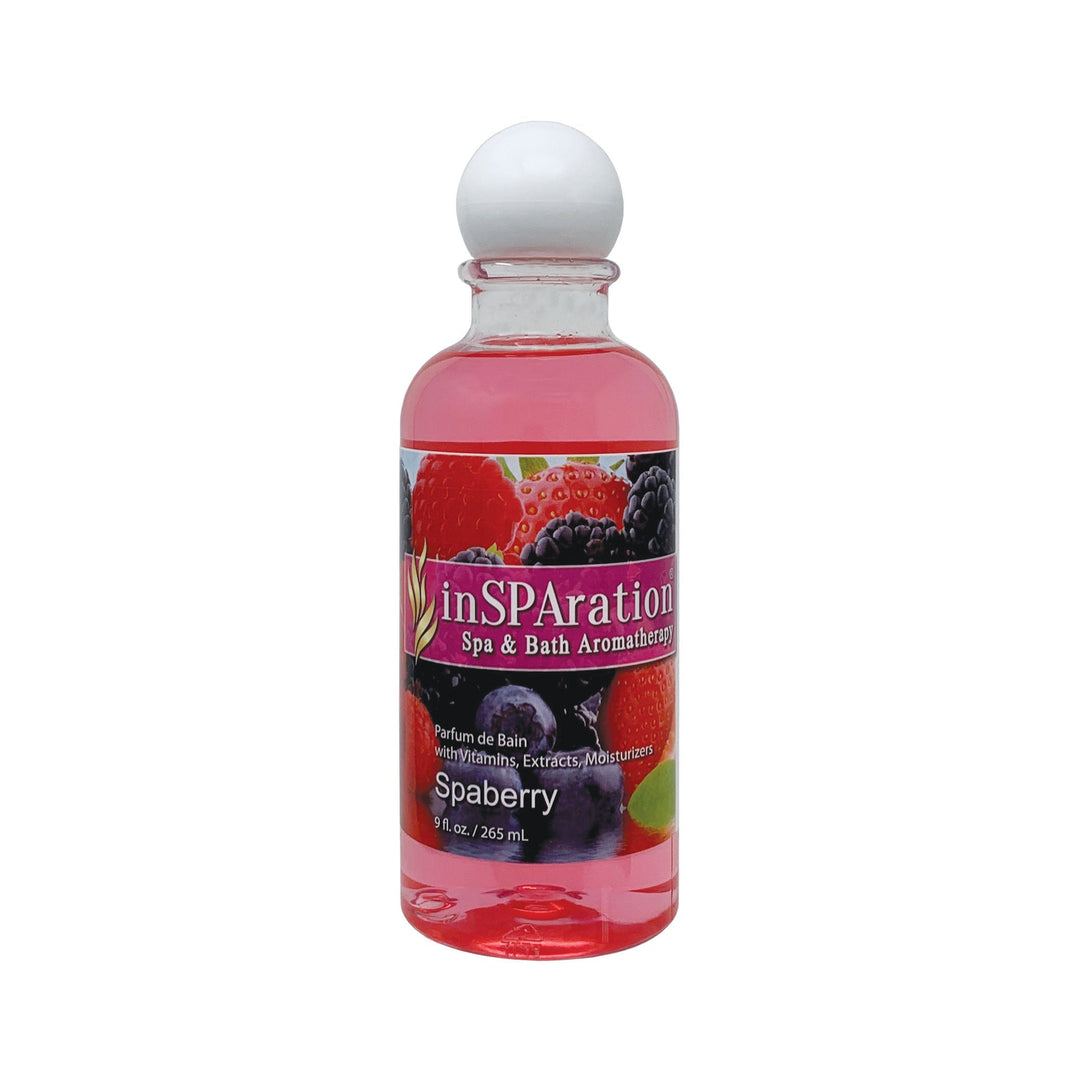 inSPAration 9oz oil-free aromatherapy liquid in a clear bottle with pink liquid and a white round cap featuring a colorful berry label