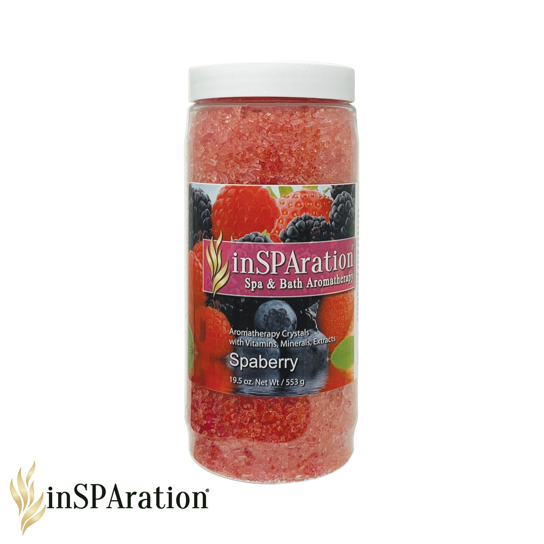 Insparation Inc Spaberry aromatherapy crystals in a clear plastic jar with a white lid and visible red crystals inside
